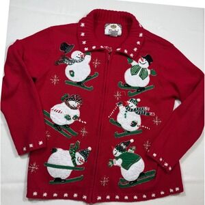 Vintage Tiara International Christmas Cardigan Skiing Snowman Holiday Sweater S